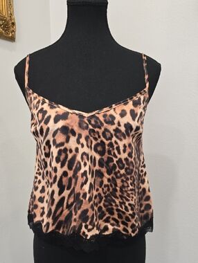 NWT White Fox Leopard Print Lace Hem Cami Top Brown Black S